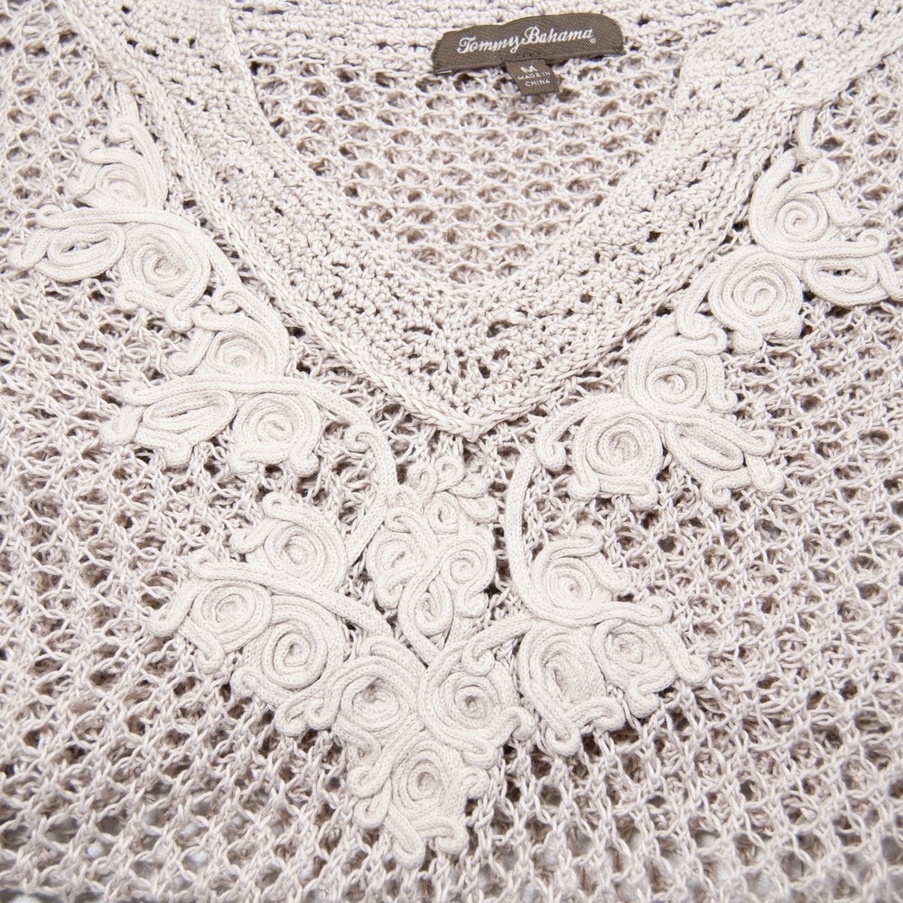 Tommy Bahama Crochet Knit Cover Up Tunic Top V‎ Neck Casual Beige Medium M - Picture 6 of 10